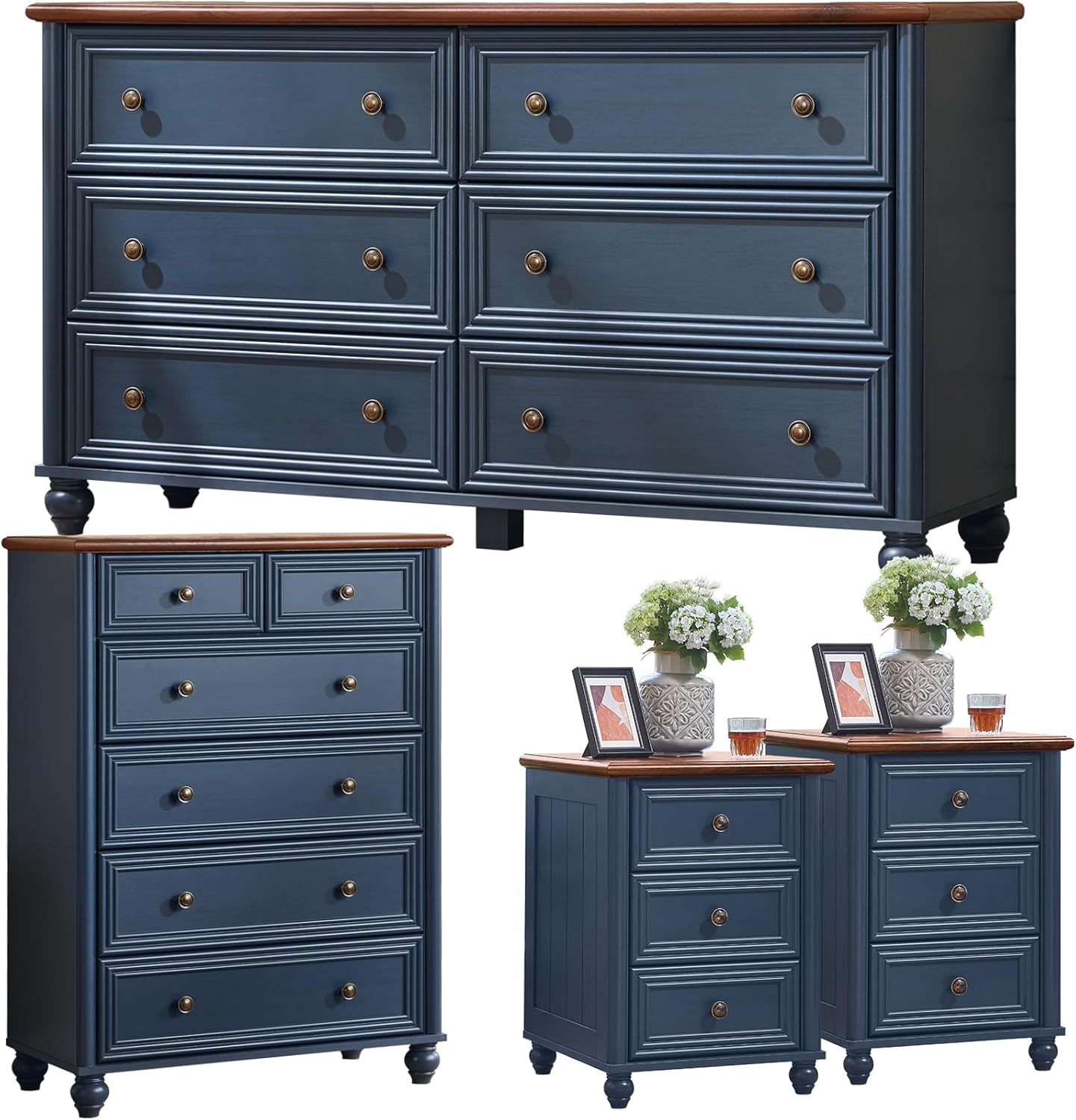 Farmhouse Dresser and Nightstand Sets 4 Piece, Wooden 6 Drawers Dresser & 43.5 Tall Chest of Drawers, 18 Roman Column Nightstand Set of 2, Furniture Dressers for Bedroom, Living Room
