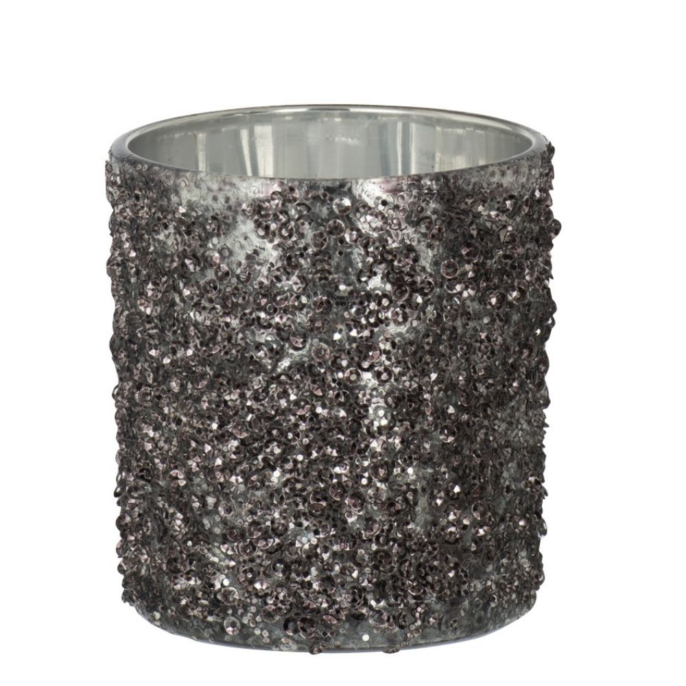 J-Line theelichthouder Glitter - glas - grijs - small - 4 stuks