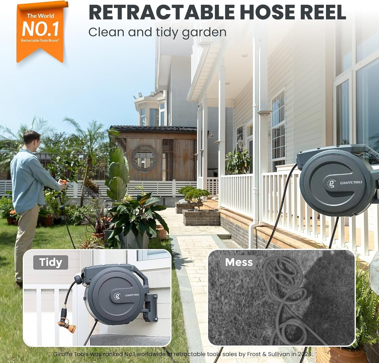Giraffe Tools AW505/8 Retractable Garden Hose Reel 5/8 x 115+5 ft  Heavy Duty Wall Mounted Water Hose Reel Automatic Rewind  180 Deg Swivel Bracket  Slow Retraction  115ft  Dark Grey