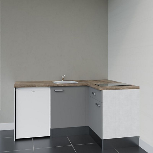 Kitchenette KA01 façades Gris - Plan de travail Bois - Crédences : Non - Evier inox - Electroménager Blanc inclus