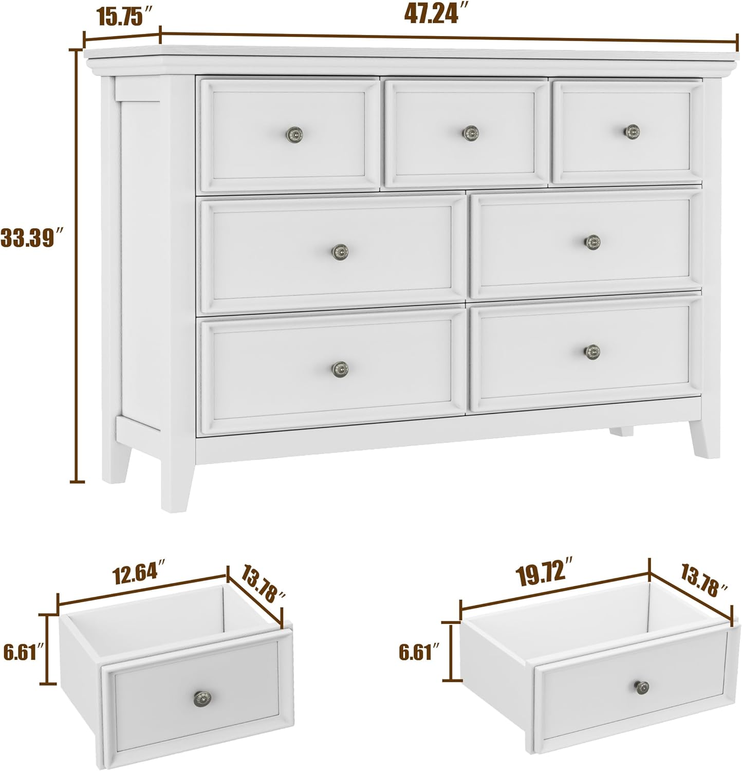 White Dresser for Bedroom, White 7 Drawers Dresser, Modern 7 Chest of Drawers, Closet Dresser, Farmhouse Dresser with 7 Storage Drawers Cabinet for Home Office, Study Room