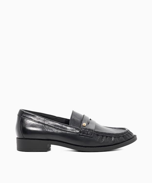 Galex Black - Leather Ruched Toe Penny Trim Loafers