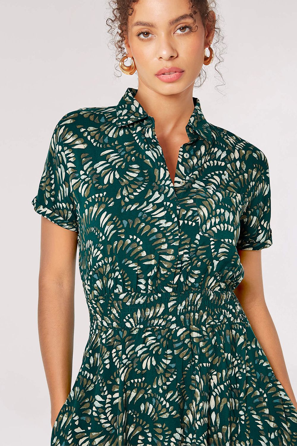 Apricot Abstract Print Shirt Midi Dress