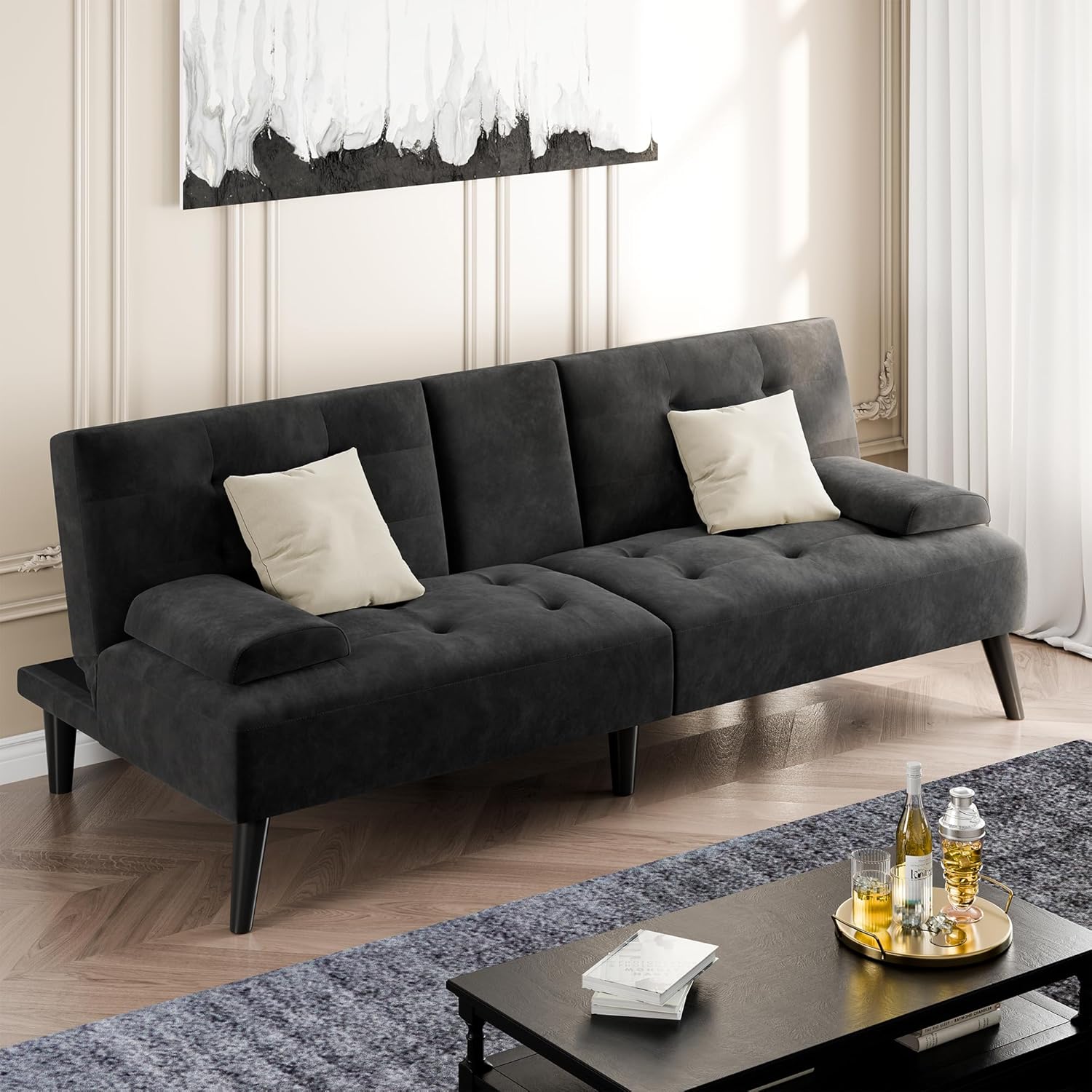 Shintenchi Futon Sofa Bed, Velvet Foldable Couch, Reclining Sleeper with Removable Armrests, Upholstered Loveseat Sofa Couch with Folding Cup Holders for Home, Office(Black)