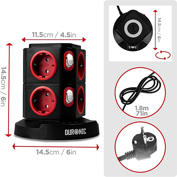 ET8W Tour multiprise 8 prises 3680W 13A 3x USB recharge sans fil Câble 1,8m Parasurtenseur protection surtension Duronic