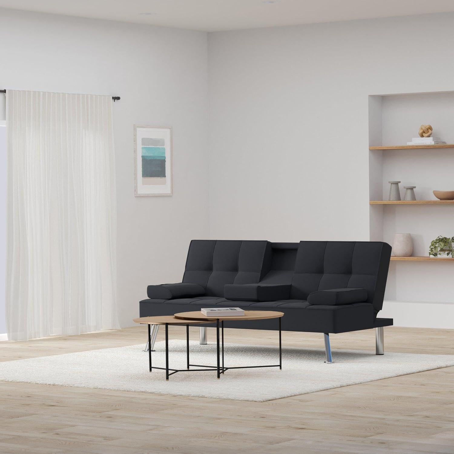 Best Choice Products Linen Modern Folding Futon, Reclining Sofa Bed for Apartment, Dorm w/Removable Armrests, 2 Cupholders - Black