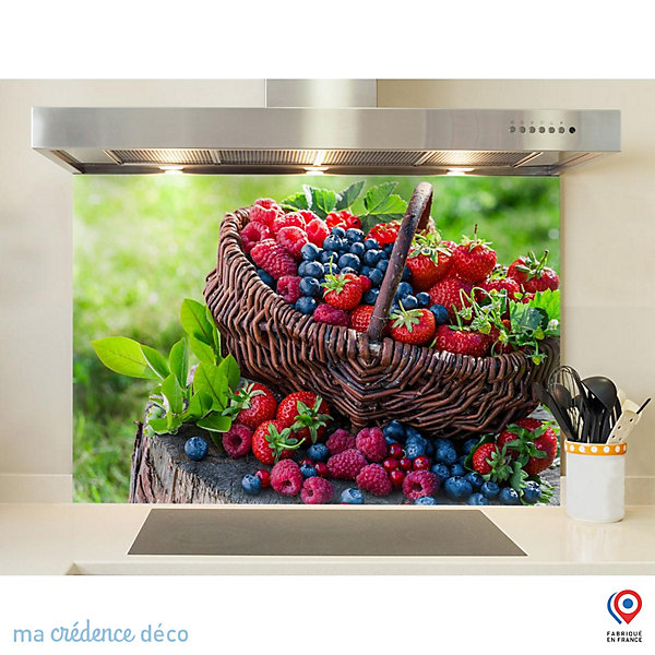 Crédence cuisine fond de hotte fruits et panier - Verre trempé - L 60 cm x H 45 cm - MaCrédenceDéco