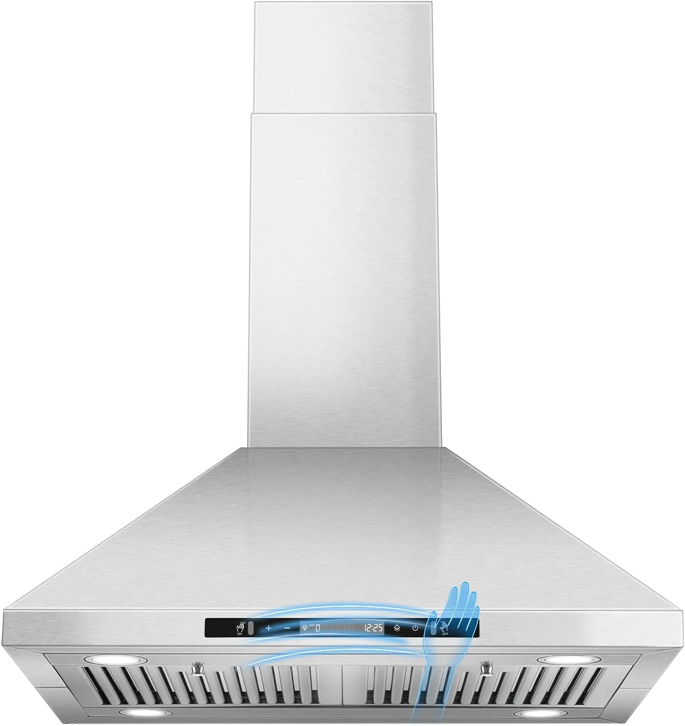 Wall Mount Kitchen Range Hood, Convertible Ducted/Ductless, Stainless Steel, Baffle Filter, Touch Control, Timer, LED, 3 Fan Speeds(Glass Panel)