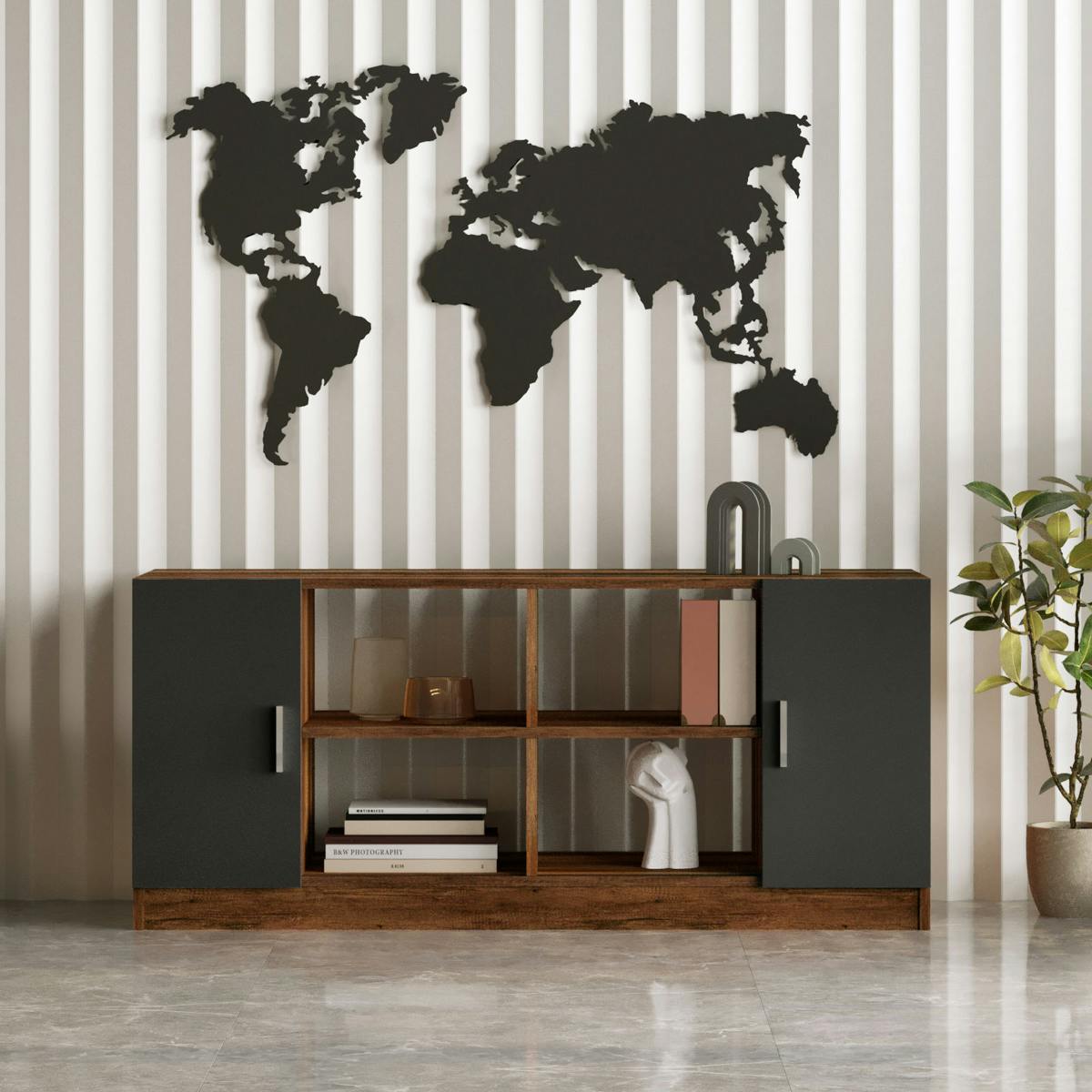 Meuble TV rétro chic décor bois foncé 2 portes grises MARFA