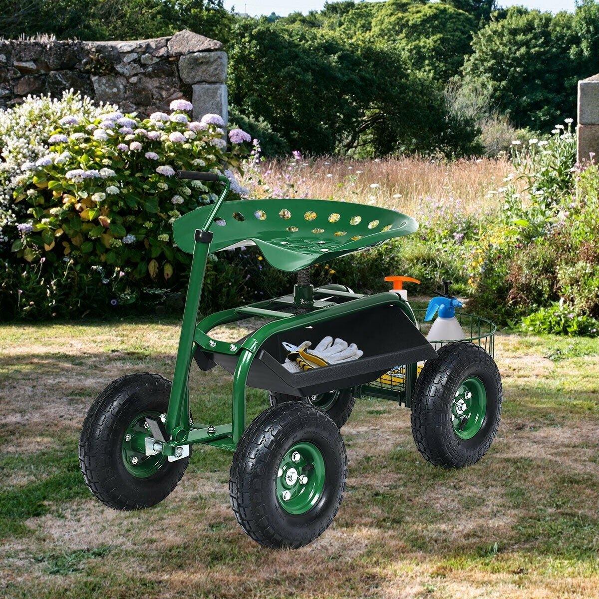Rolling Garden Cart with Seat Gardening Workseat with Extendable Hook Handle