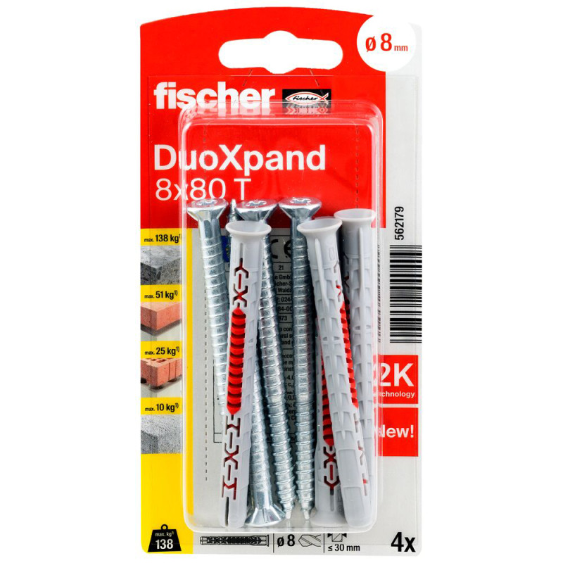 Cheville DuoXpand en nylon avec vis à tête fraisée Ø 8 x 80mm 4 pièces