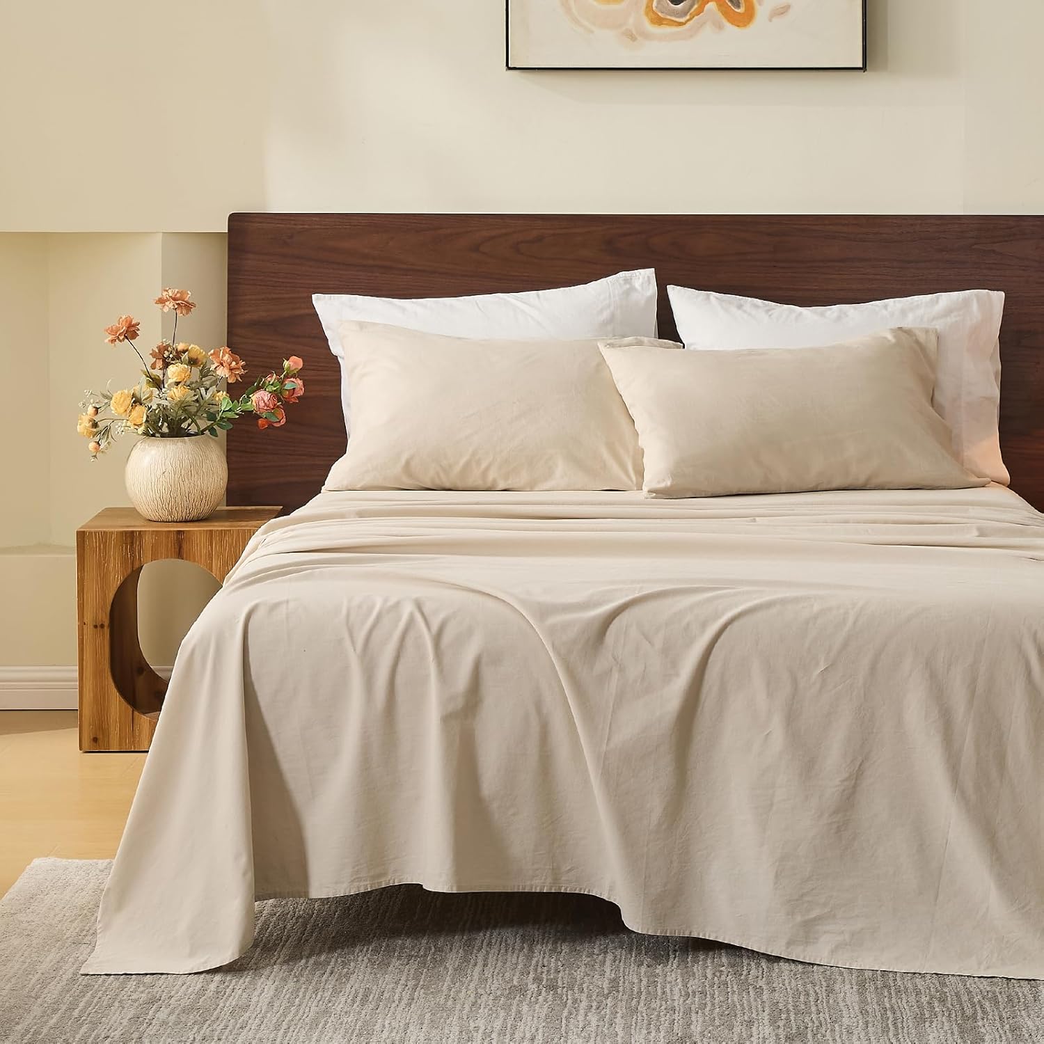 MEISHANG 100% French Pure Linen Sheets King Size - Bed Sheets 4 Piece Sets, Soft Durable Flax Linen, Anti-Tear Breathable Oeko-Tex Certified with 16 Deep Pocket (Linen)