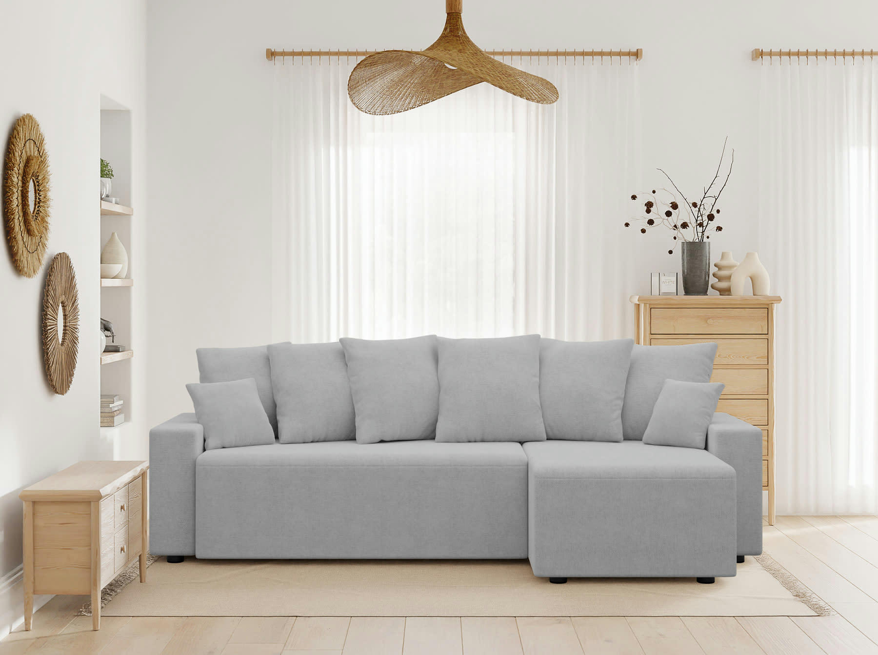 ALMA - Canapé d'angle convertible en tissu 4 places gris