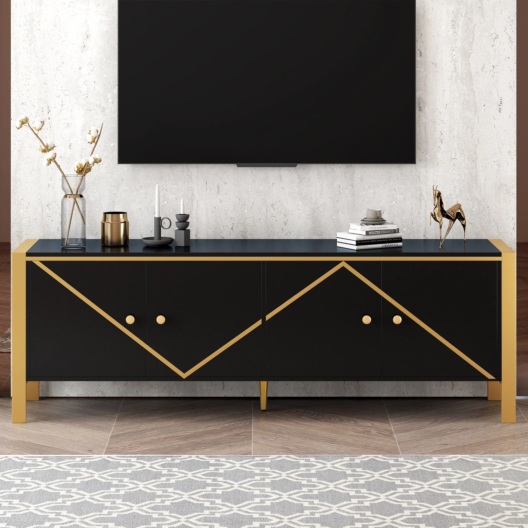 Modern Minimalist 70.9 Inch TV Stand with Golden Metal Frame and Adjustable Shelving for Spacious Storage