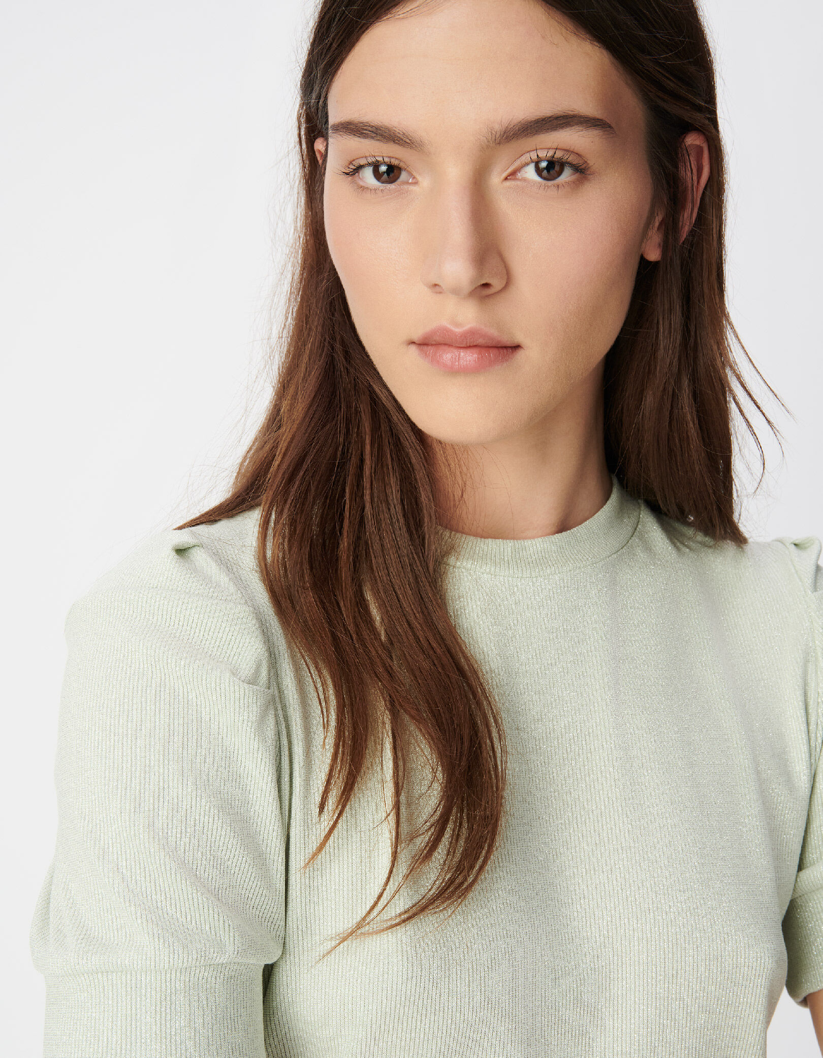 Tee-shirt col rond vert pailleté manches froncées Femme