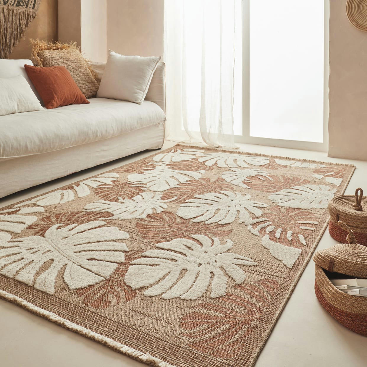 TULUM - Tapis intérieur et extérieur aspect jute feuille terra - 200x290