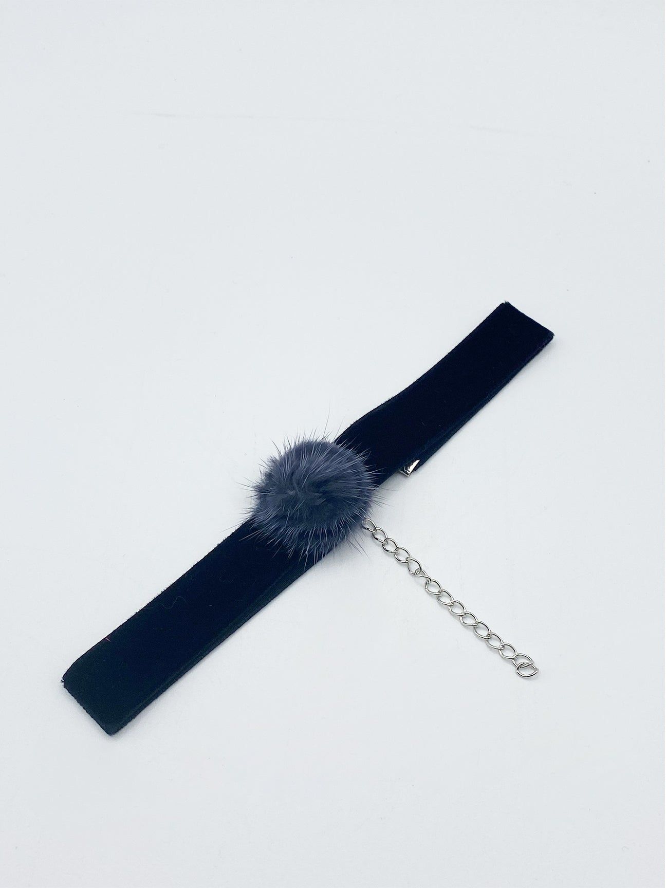 SVNX Black Faux Velvet Band Choker Necklace With Grey Pom Pom