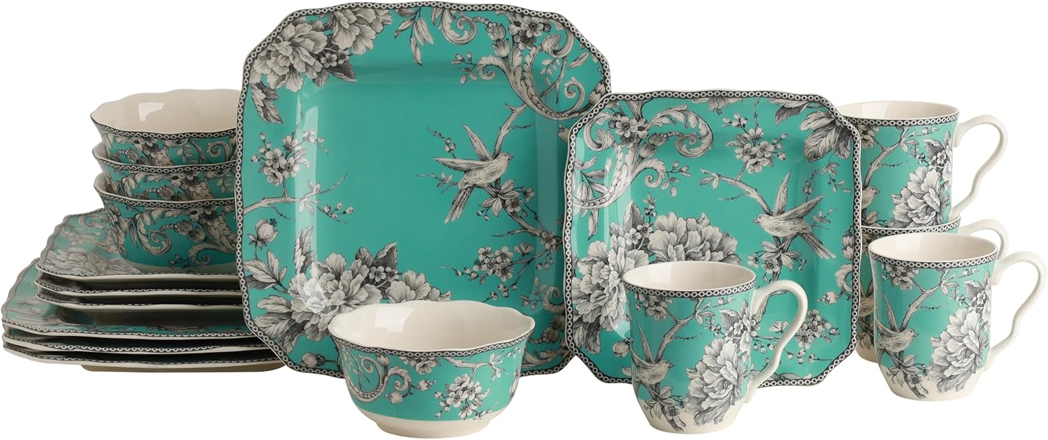 222 Fifth Adelaide Turquoise 16-Piece Porcelain Dinnerware Set | Microwave and Dishwasher Safe Dining Set for 4 | Stackable and Chip-Resistant Plates Bowls and Cups | Gift for Housewarming & Wedding