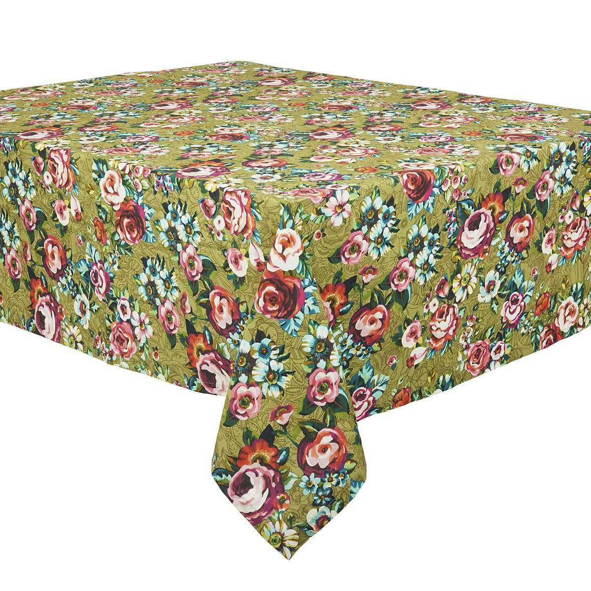 DEVI - Nappe grand format en coton imprimé fleuri dore 140x235