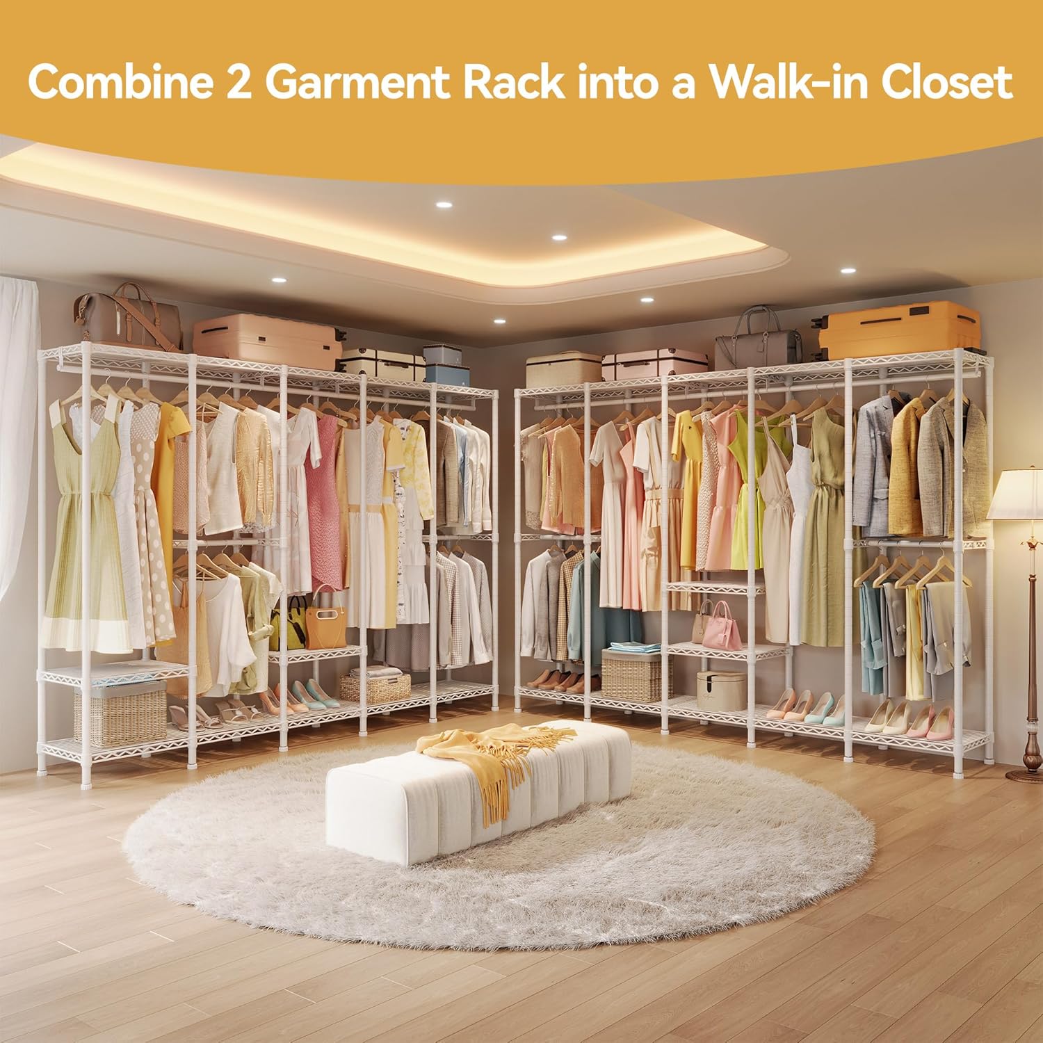 H5 Extra Large Heavy Duty Clothes Rack, Wire Garment Rack, Freestanding Clothing Rack for Hanging Clothes, Wardrobe Closet with Adjustable Shelf, 93.3 Wx15.7 Dx75.4 H, White, Load 1400 lbs