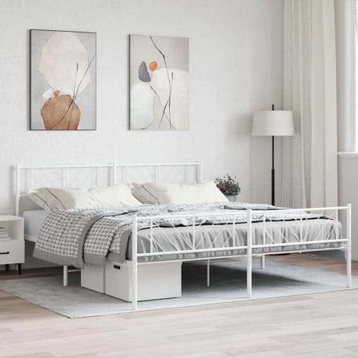 NNEVL Metal Bed Frame with Headboard and Footboard White 183x203 cm King Size