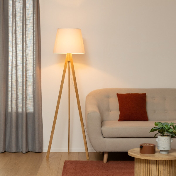 LAMPA PODŁOGOWA Bahi biała trójnożna podstawa BAMBUSOWA