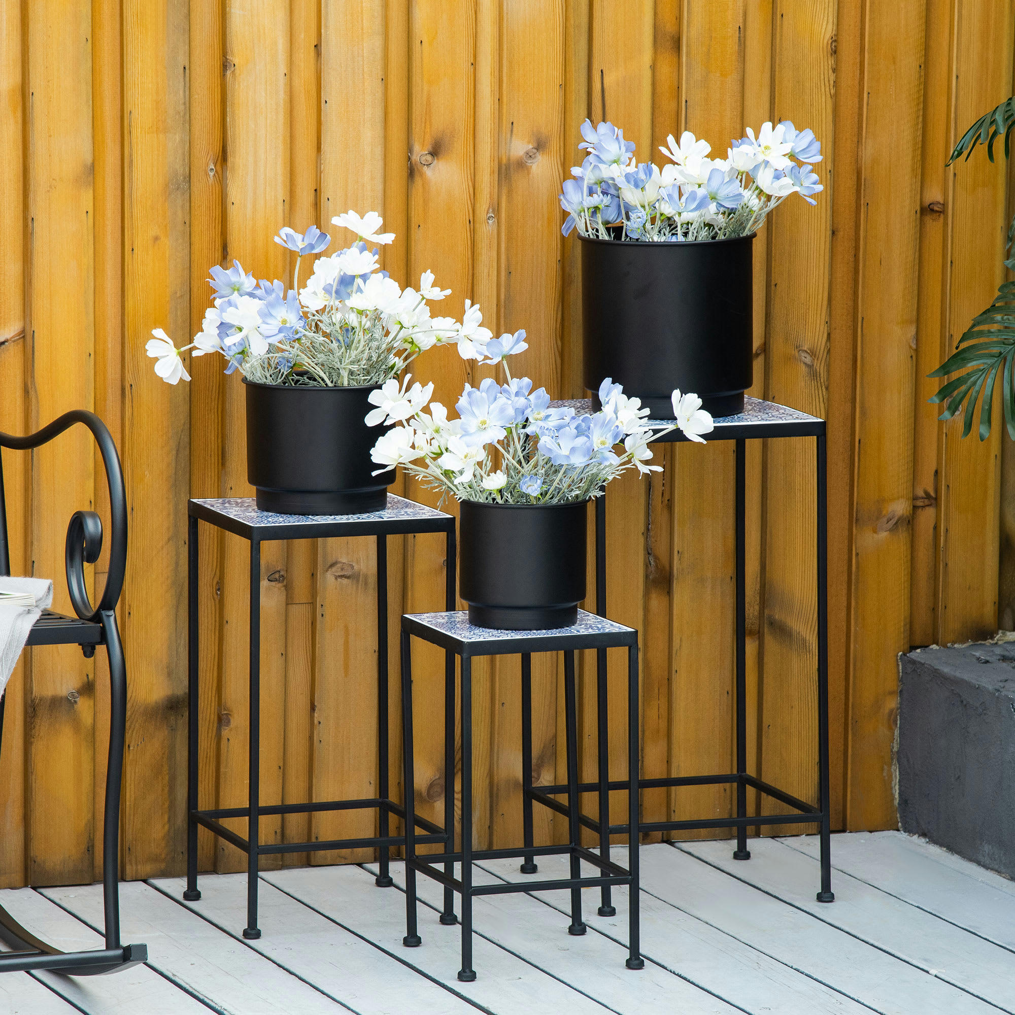 - Support pots de fleurs 3 pièces métal plateau carreaux céramique bleu