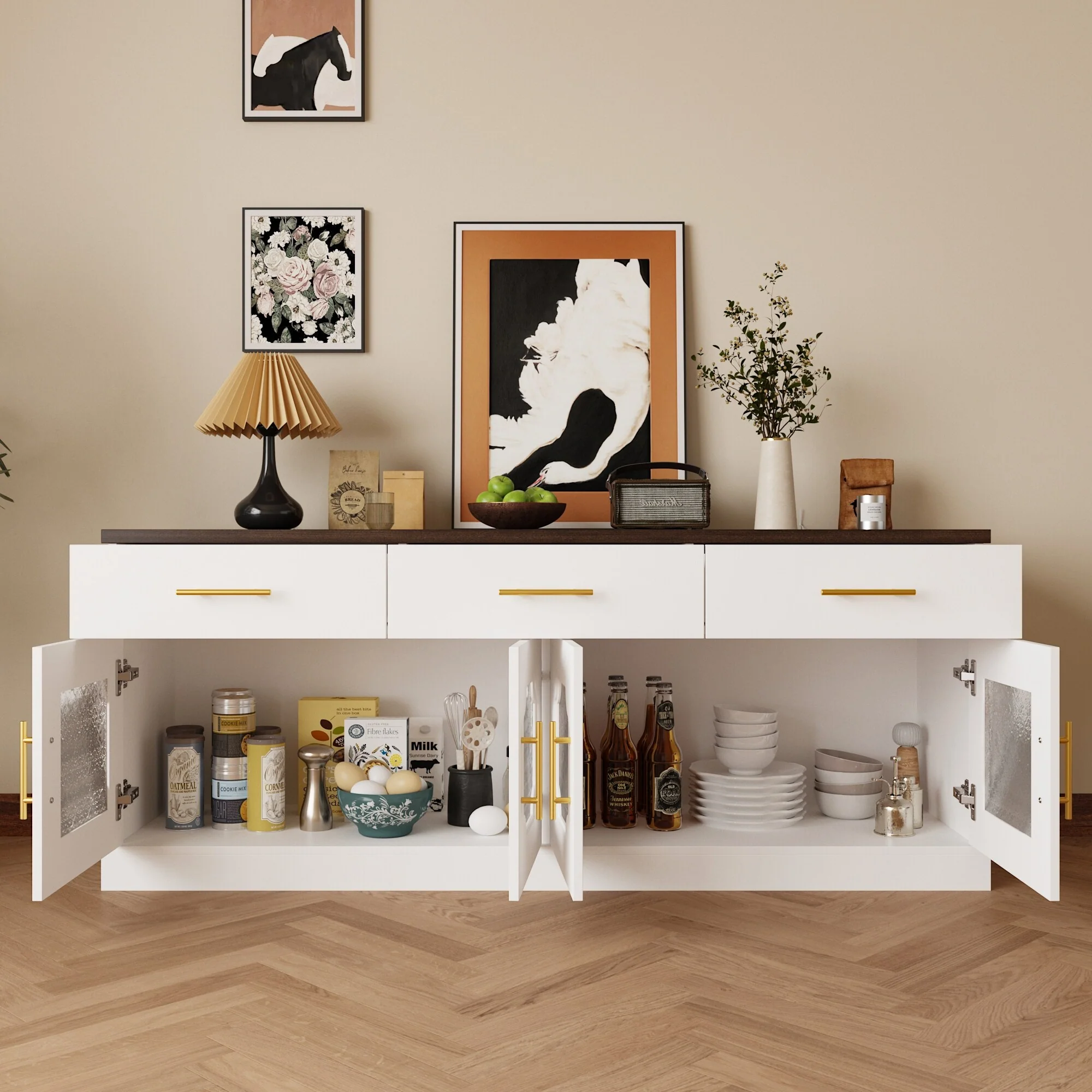 Sideboard Buffet Cabinet with Acrylic Pattern Doors and Gold Handles Bookshelves Bookcase Console Table