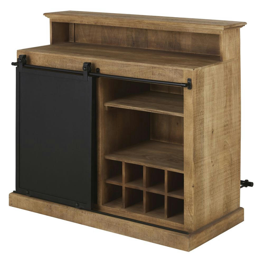 Germain - Bar 1 porte en bois de manguier massif et métal noir