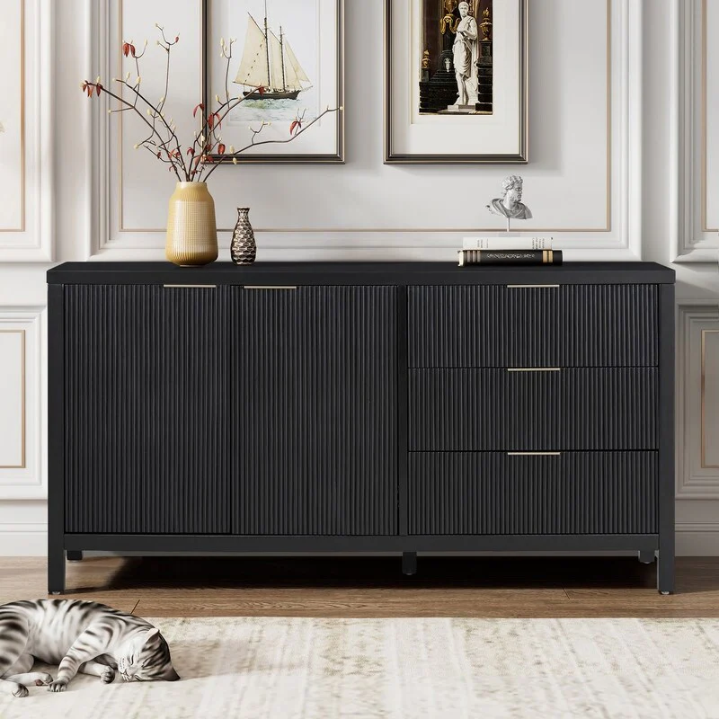 60 Modern 2-Door Sideboard Cabinet with Functional Storage Drawers for Entryway Living Room or Hallway