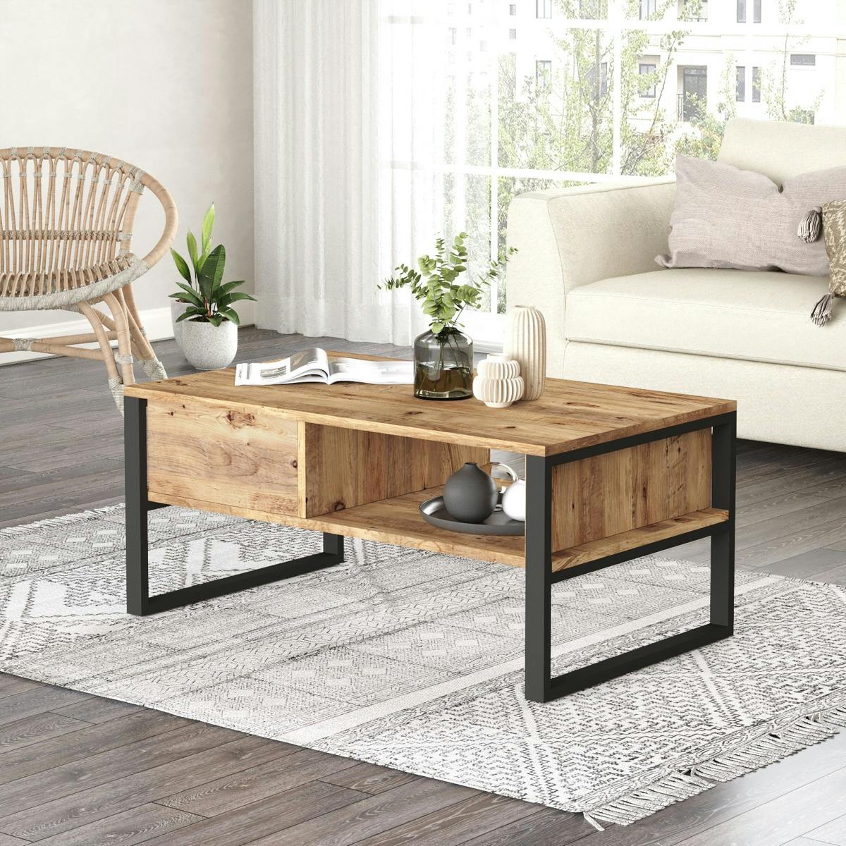 Table basse rectangulaire effet pin et niches rangement JENA