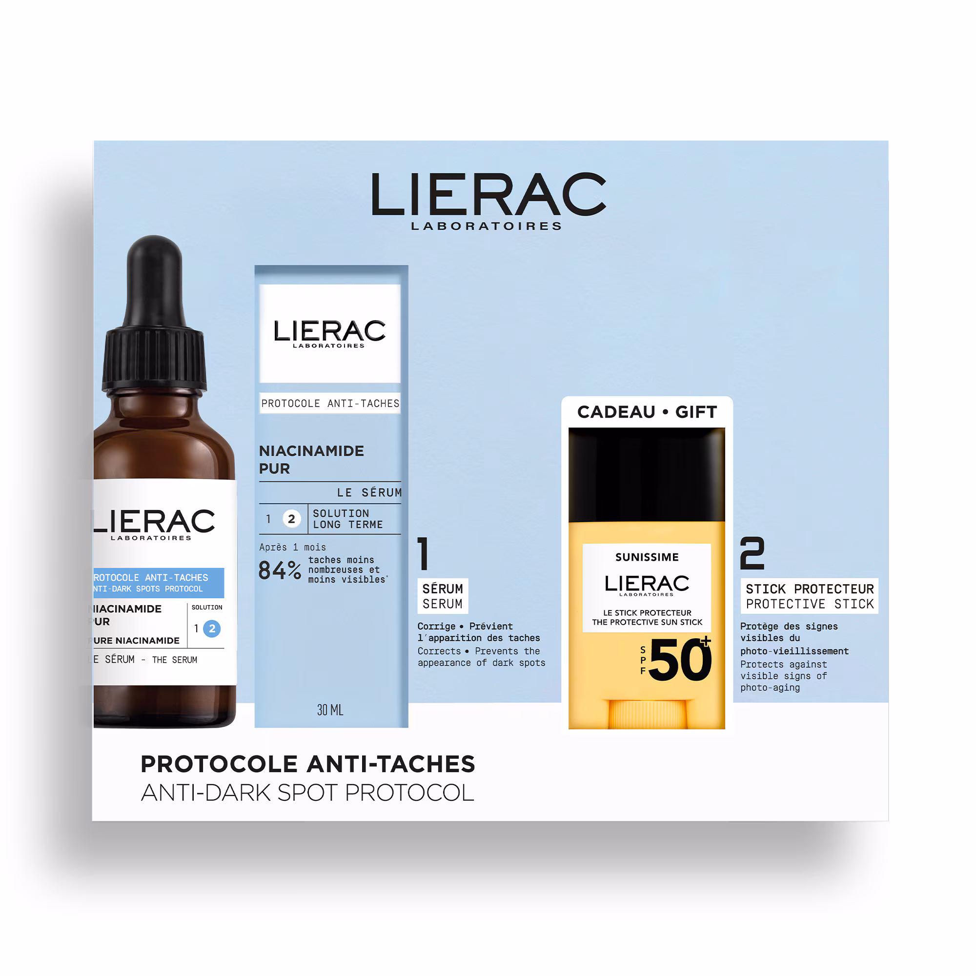 PROTOCOLE ANTI-TACHESCoffret - sérum anti-taches 30ml + stick protecteur spf50+ 10g offert