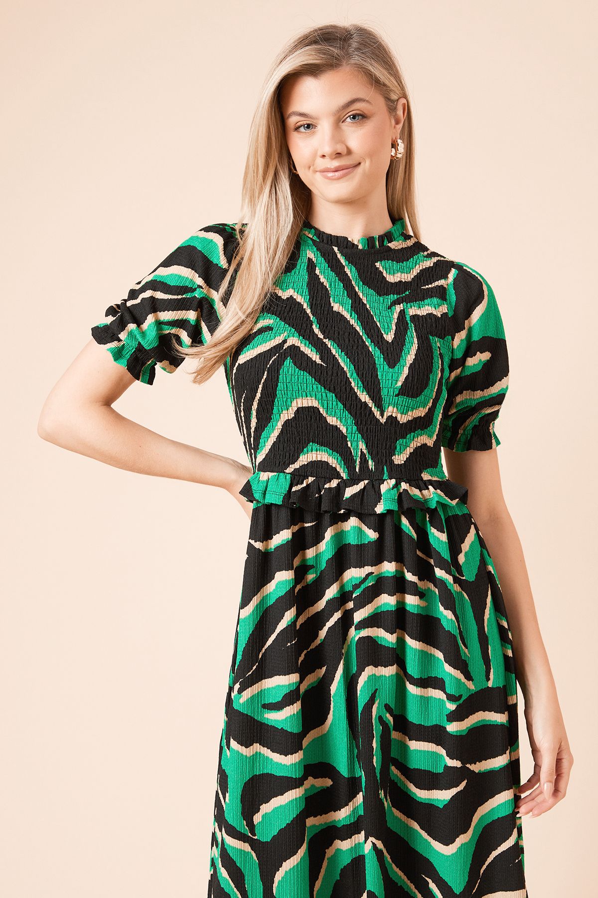 Dorothy Perkins Puff Sleeve Zebra Shirred Bodice Peplum Jersey Midi Dress
