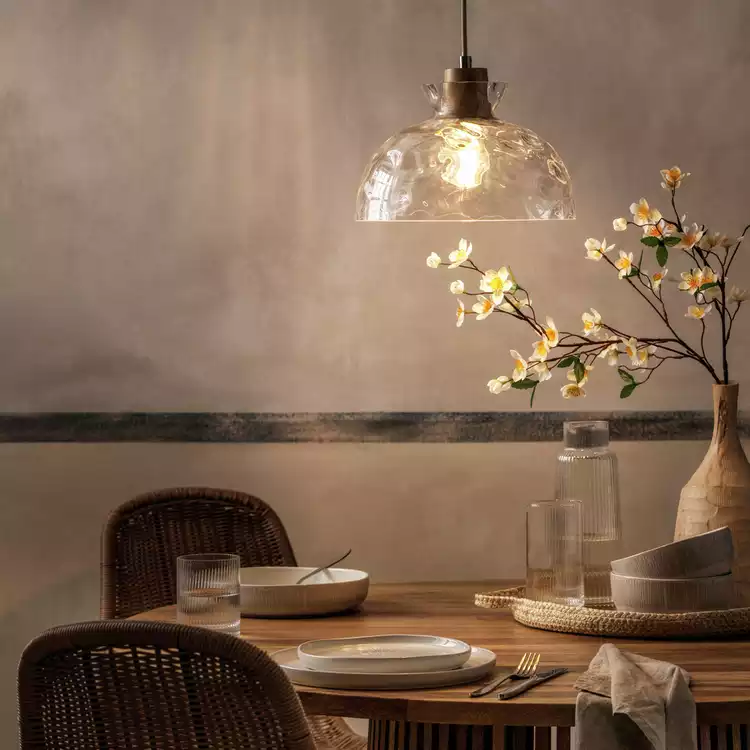 Habitat Vanern Dimple Glass & Wood Pendant Light - Clear