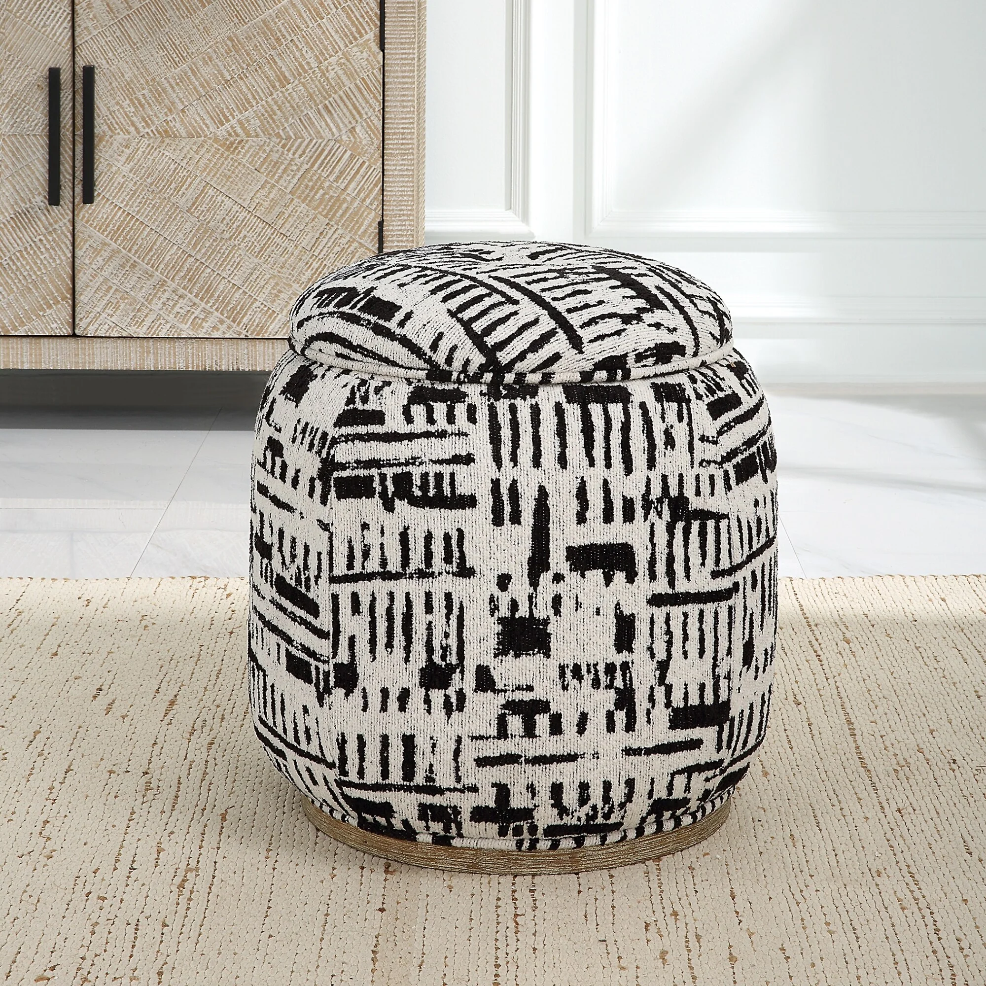 Abstract Geometric Storage Pouf Ottoman - 18 - White and Black