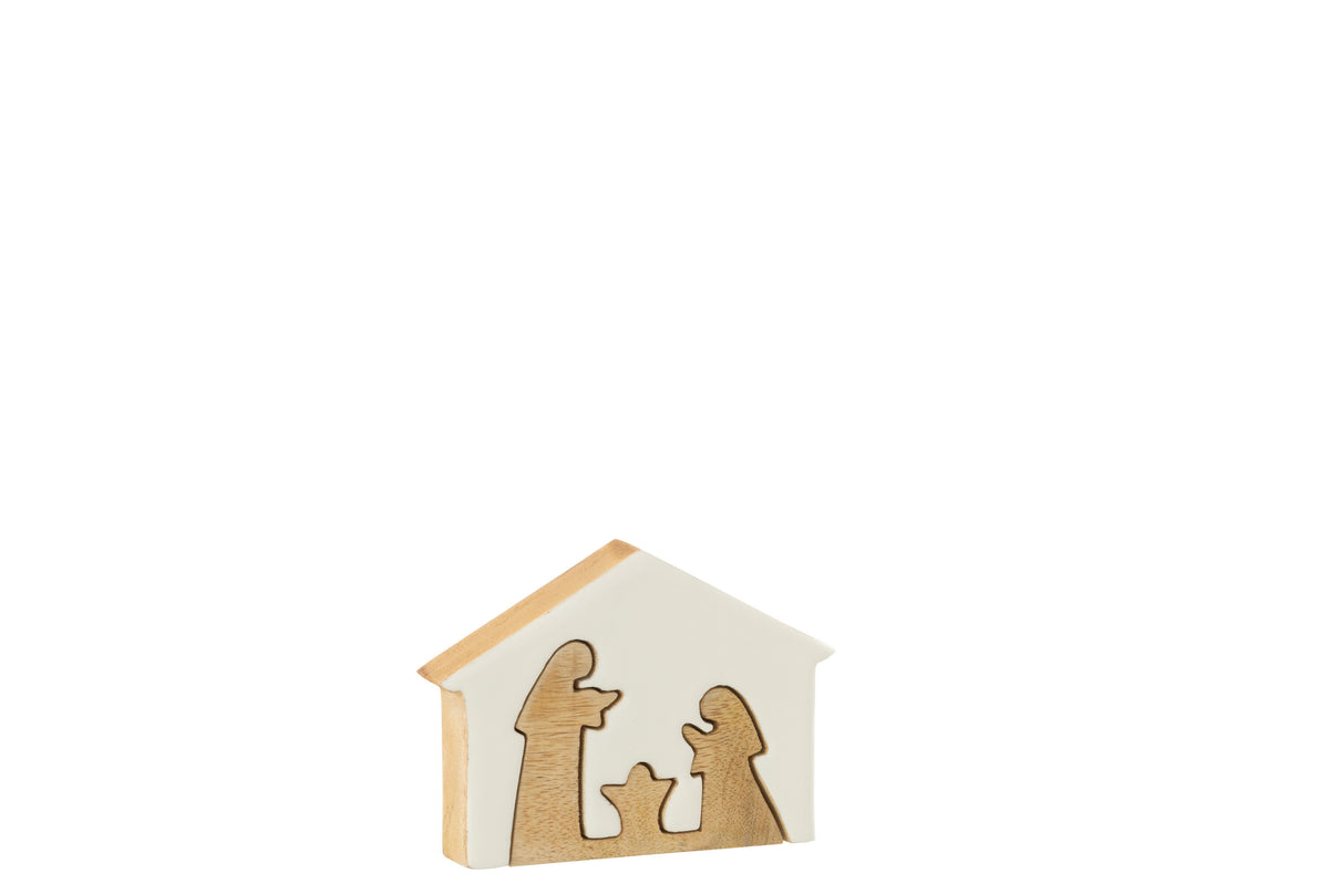 J-Line decoratie Kerststal Huis - hout - wit/naturel - small