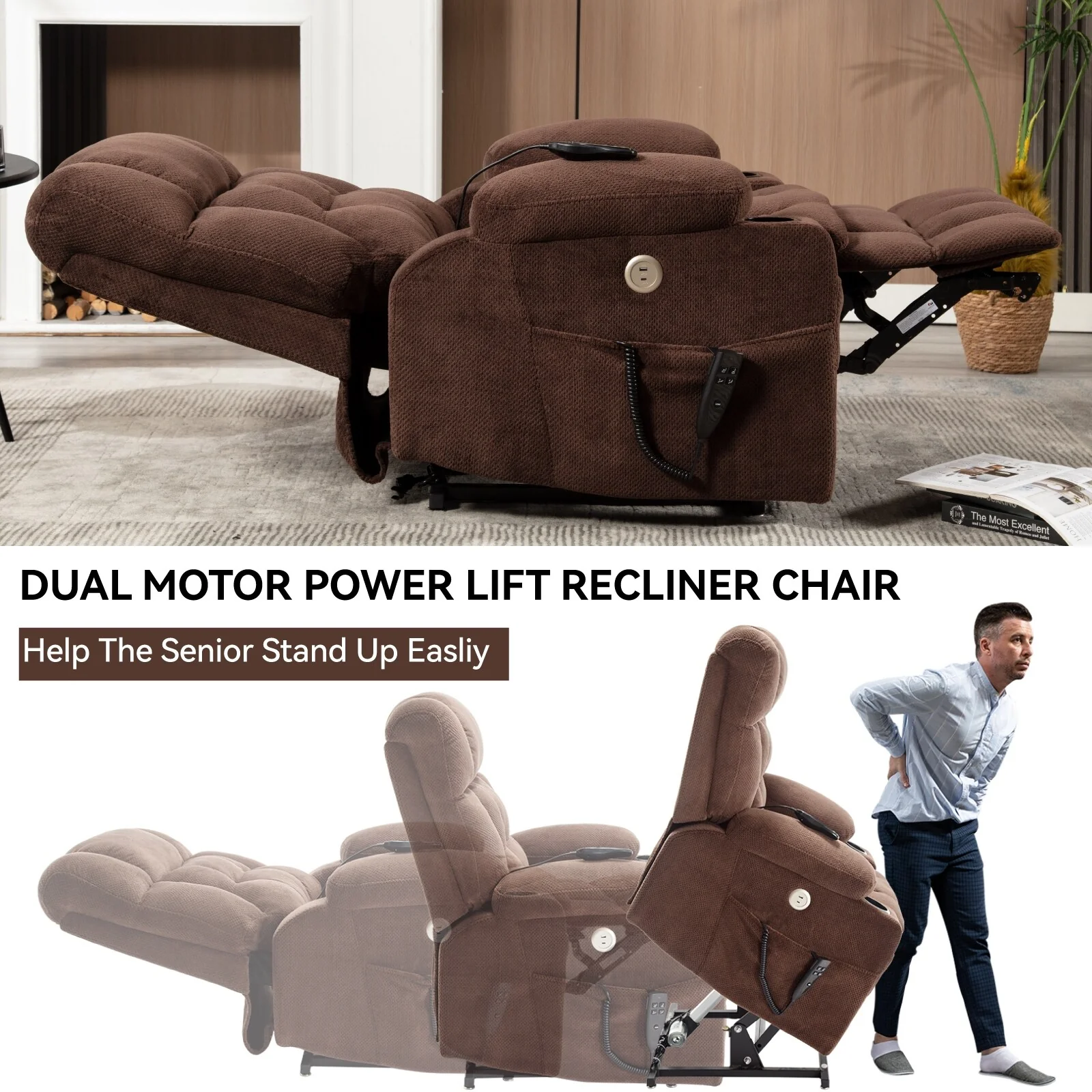 Polyester Dual Motor Recliner Chair with Massage, Lumbar Heat, Cup Holders, and Side Pockets