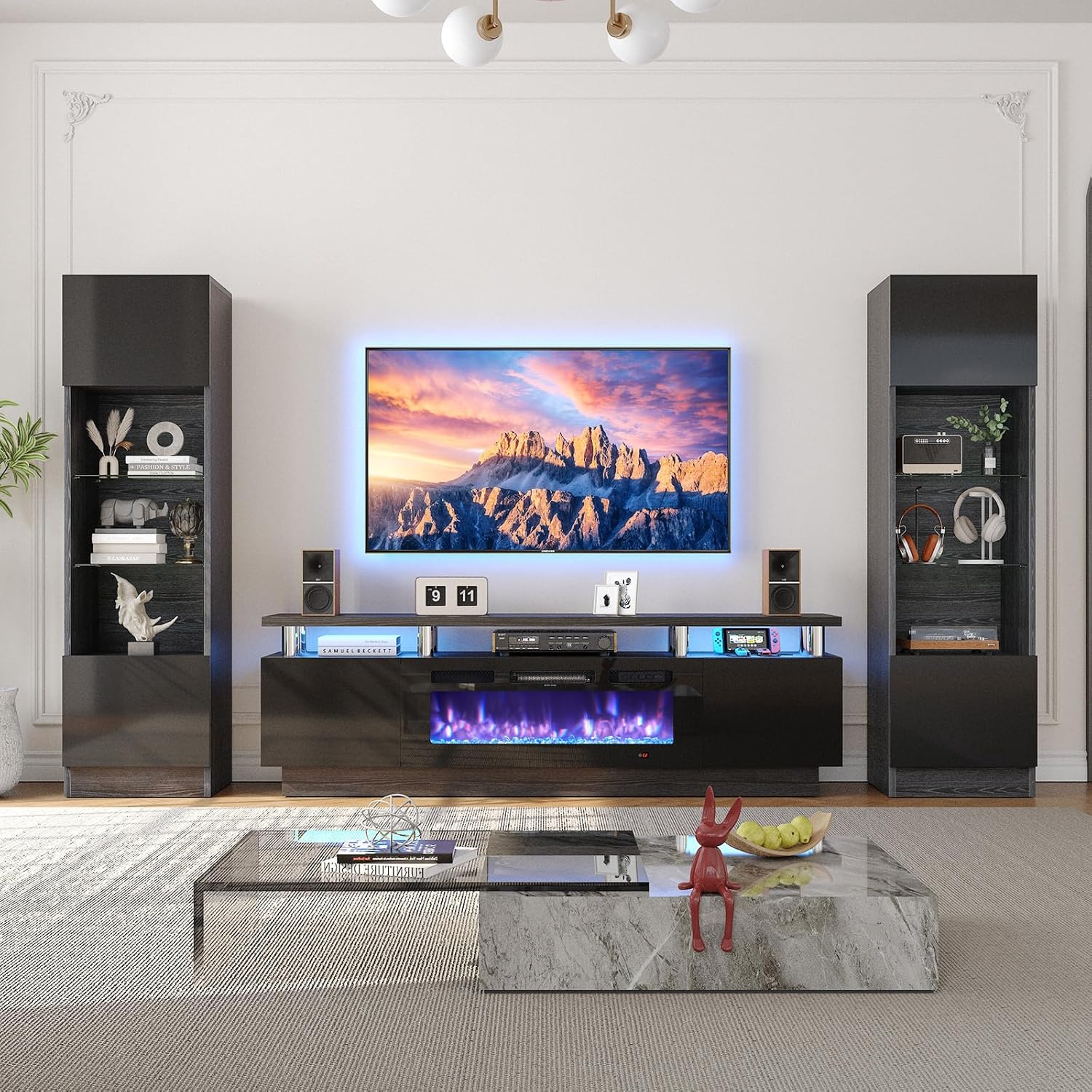 MXV 70 Fireplace TV Stand, Modern Entertainment Center & 36 Inch Electric Fireplace with Remote Control, LED Light, Fire Place Tv Stand for Living Room for TVs up to 80, Black + Black