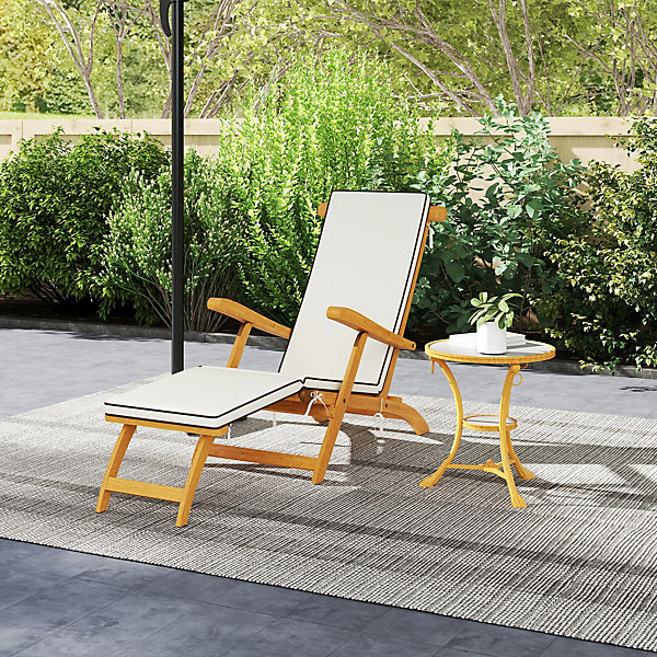 Chaise longue pliable en bois d'acacia verni avec matelas repose-pieds grand confort crème