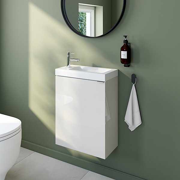 Meuble lave-mains suspendu blanc brillant l.44 cm Imandra   plan vasque blanc céramique Nira, GoodHome