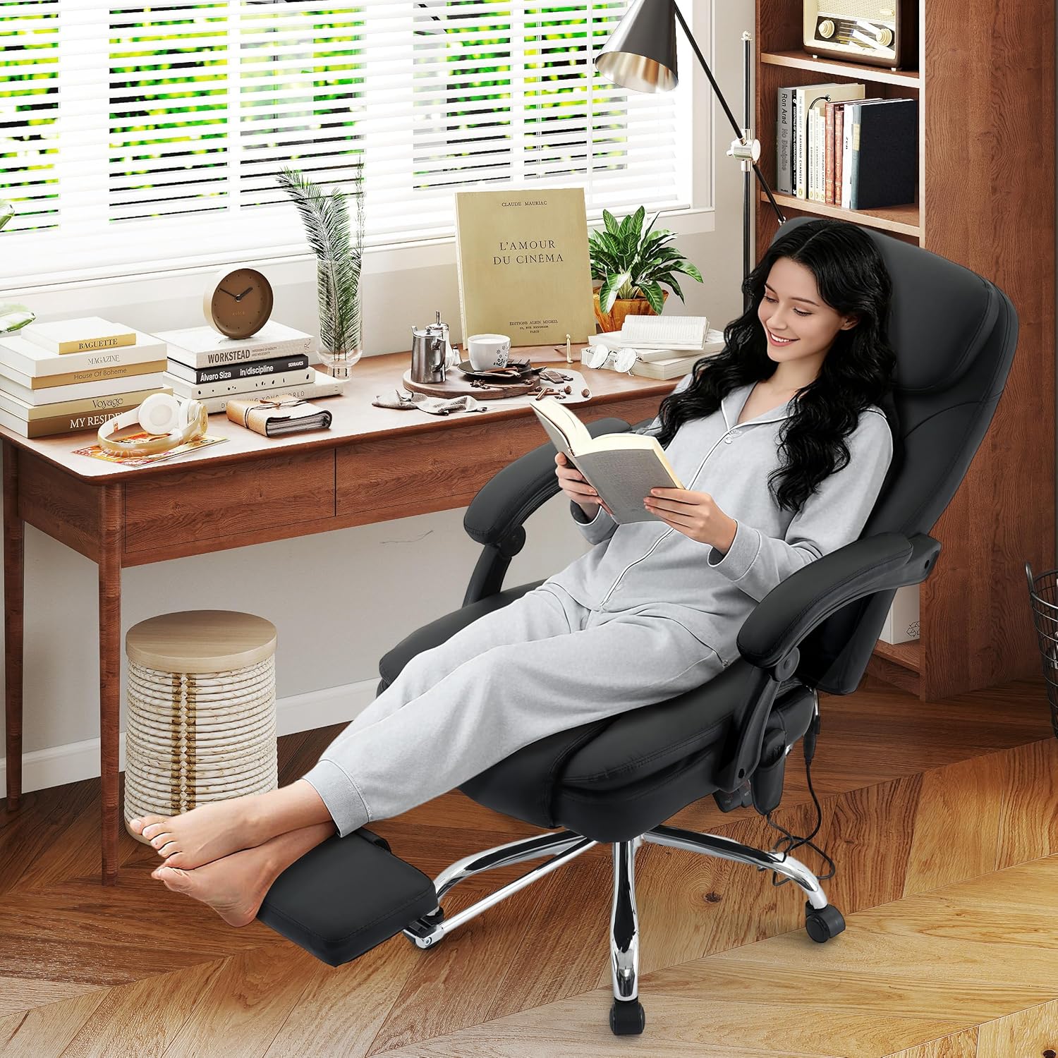 500LBS Massage Office Chair, 6 Points Vibration & Heat Executive Office Chairs, 135°Reclining Comfy Desk Chair with Foot Rest, Wider & Thicker Seat Cushion, PU Leather Big and Tall Gaming Chair, Black