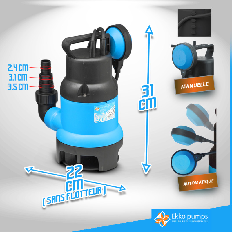Kit pompe vide-cave pour eau chargée 400 W avec tuyau d'évacuation de 10 m EKKOPUMPS