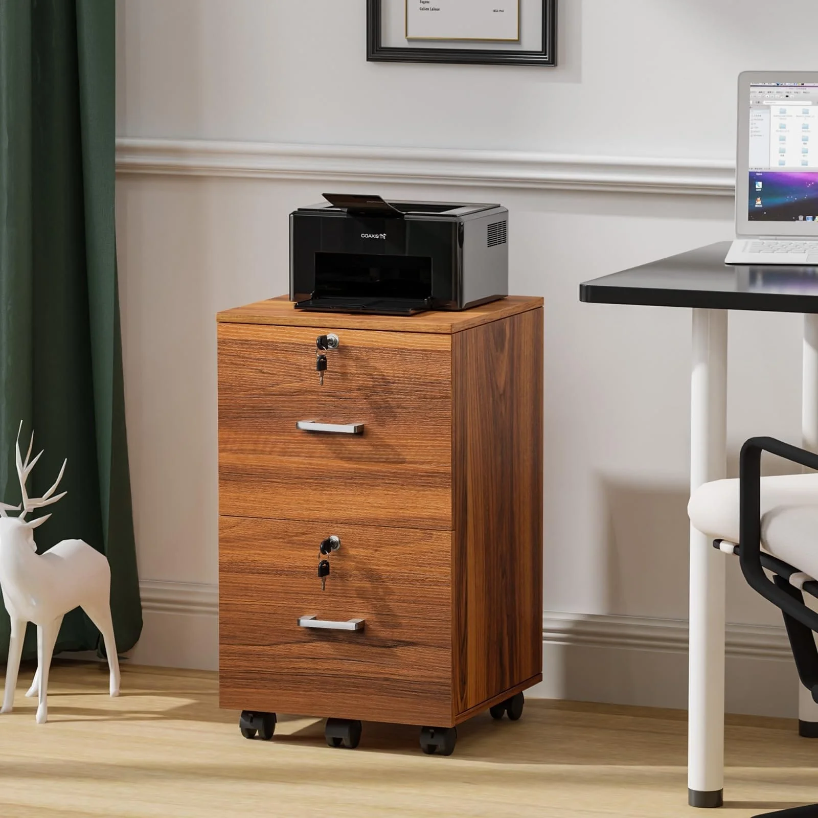 2-Drawer Rolling File Cabinet with Lock, Wood Mobile Filing Cabinet for Hanging Letter Size Filings Under Desk Cabinet, 26.5 H