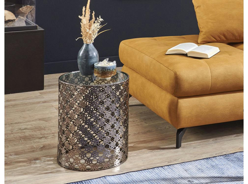 PEARLY - Table basse ronde en métal laqué et verre trempé 38cm - Gris