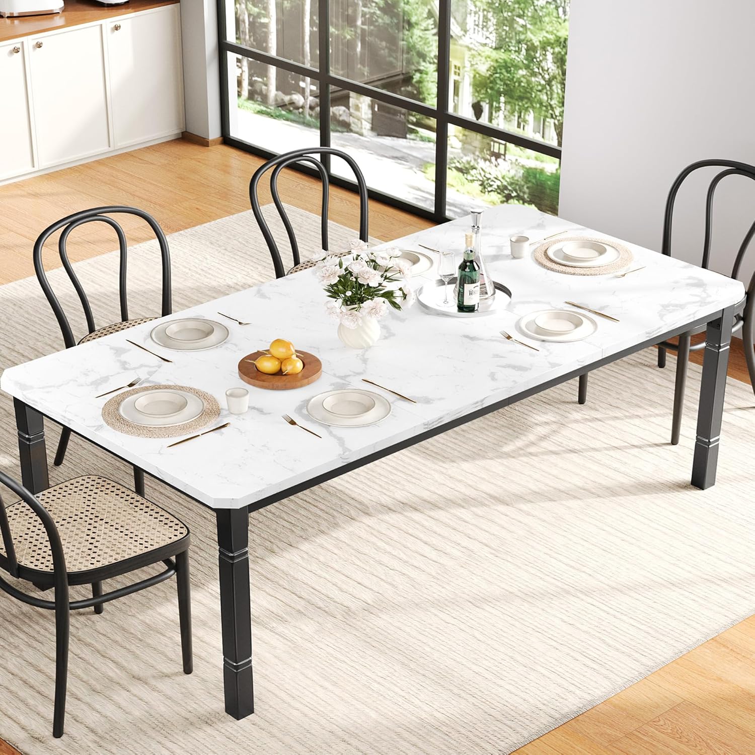 Garvee Large Dining Table for 6-8 People, 79 Wooden Kitchen Table with Sturdy Metal Frame, Dining Room Table for Dining Room, Kitchen, Black Leg & Marble White