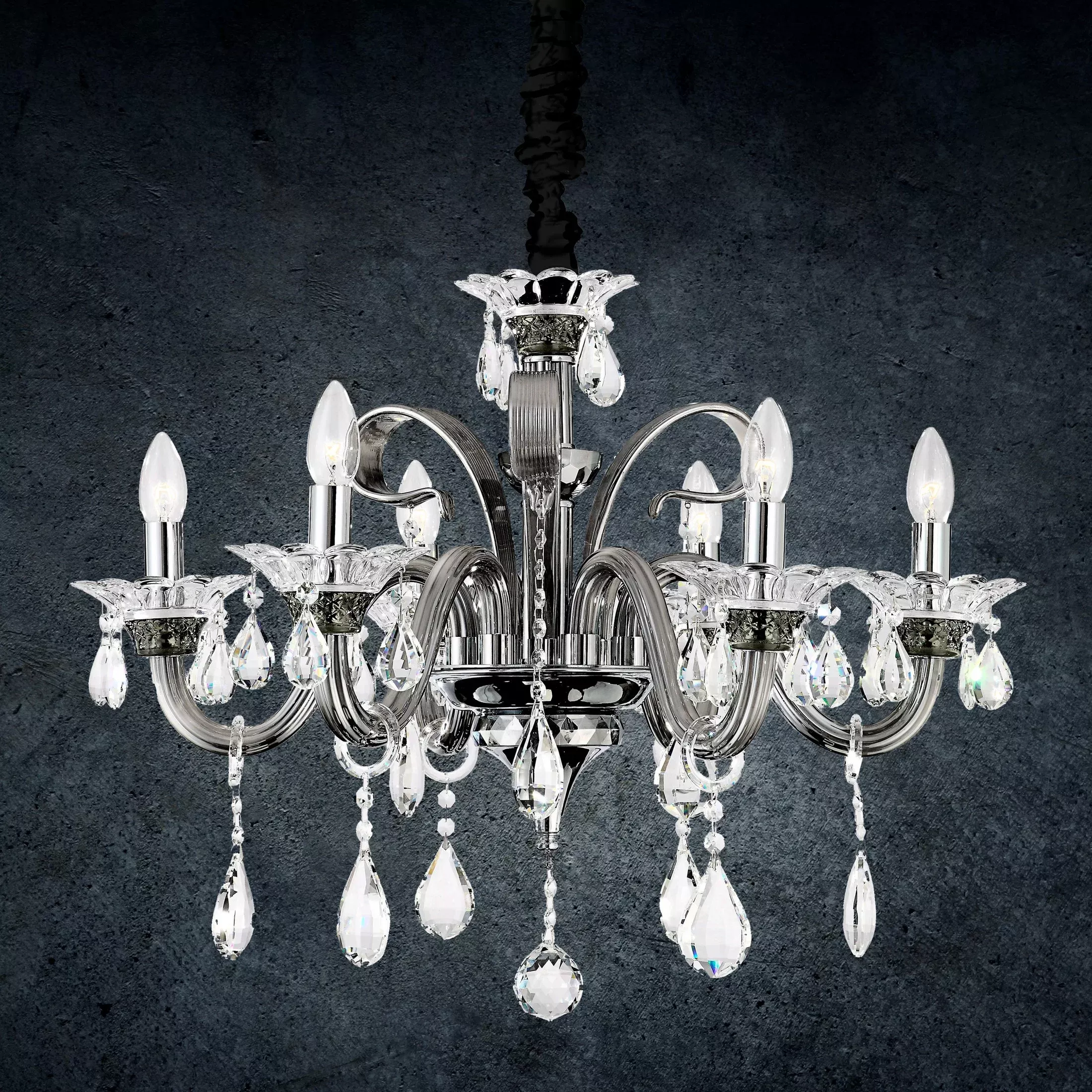 Lampa wisząca do salonu srebrna GLITTER sześcioramienny żyrandol z kryształami
