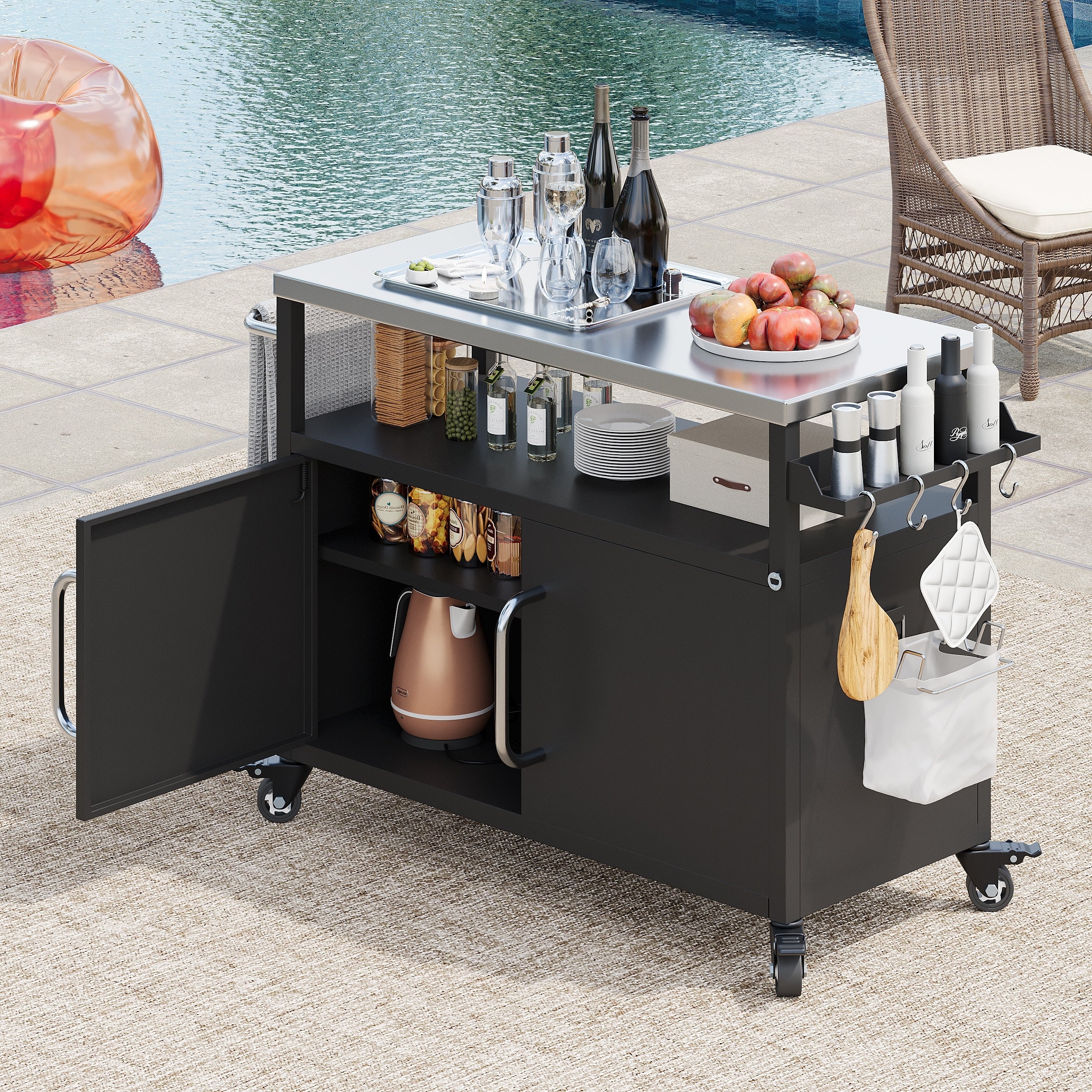 54.5 Outdoor Kitchen Island Bar Cart Metal Grill Cart Table