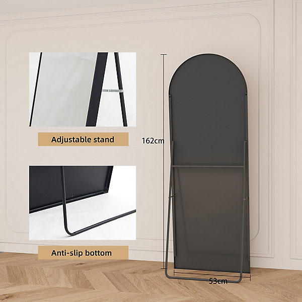 Miroir pleine longueur 162x53 cm, sur pied ou mural, cadre aluminium noir, grand miroir de sol rectangulaire pour salon ou chambre