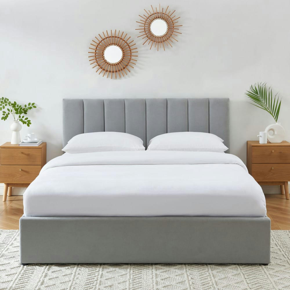 BILLIE - Lit coffre  tissu gris clair 160x200 sommier inclus