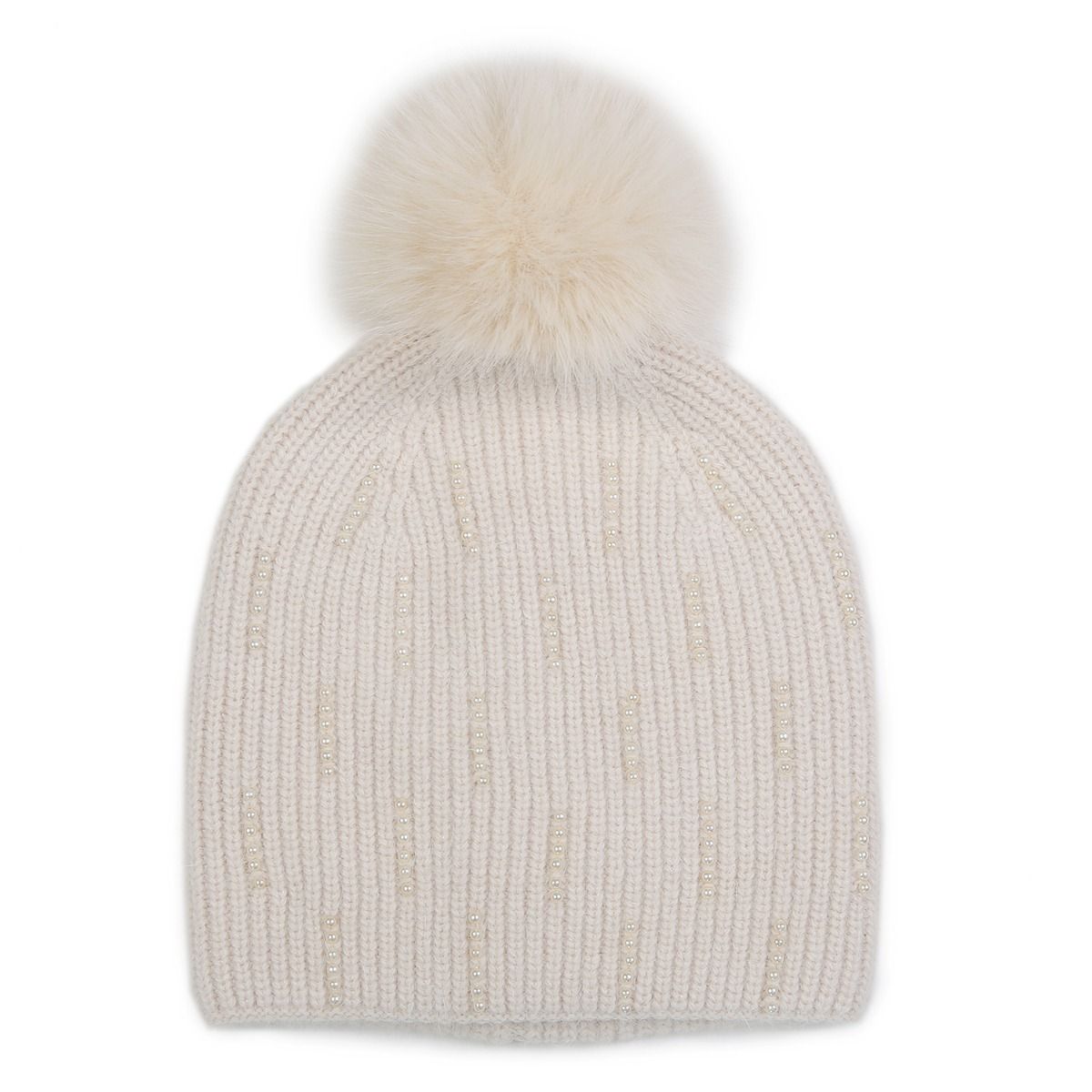 PEACH ACCESSORIES Pearls Details Knit Pompom Hat